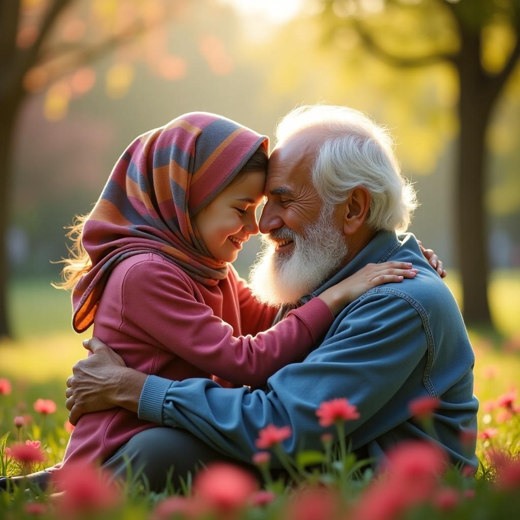 A young girl dressed in a hijab shares an affectionate kiss with an older man in a natural setting. They are surrounded by flowers. Their embrace reflects love and connection.