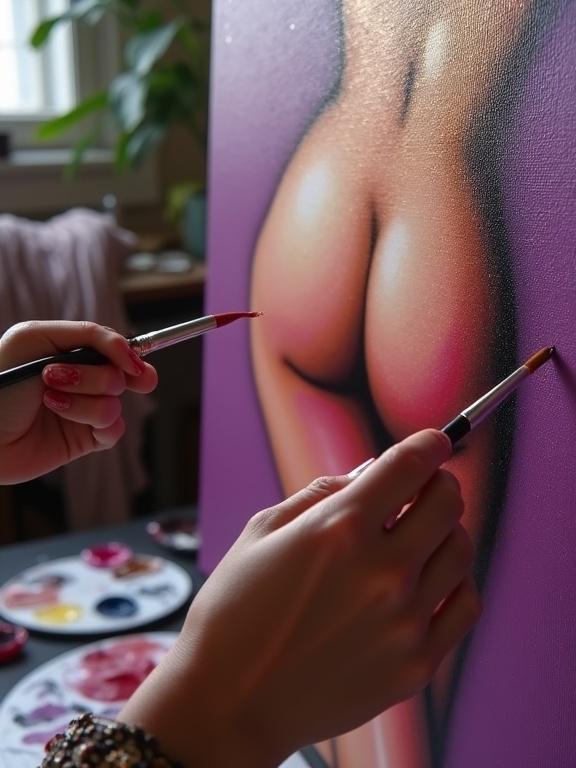 Close-up view of a canvas with brushstrokes highlighting curves of a shoulder and hip. Female hand holding a paintbrush with paint smudges. Male hand rests on a palette, fingers almost touching. Hazy art studio background with soft light, illuminating art supplies and scarf.  Bright contrasting colors with glossy texture.