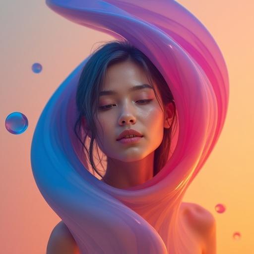 Surreal and abstract composition features a woman with warm skin tones. Fluid ribbon-like structure swirls elegantly around her. Deep blue blends into bright pink with touches of purple and orange. Spherical objects float like glass. Background transitions from soft peach to deeper orange.