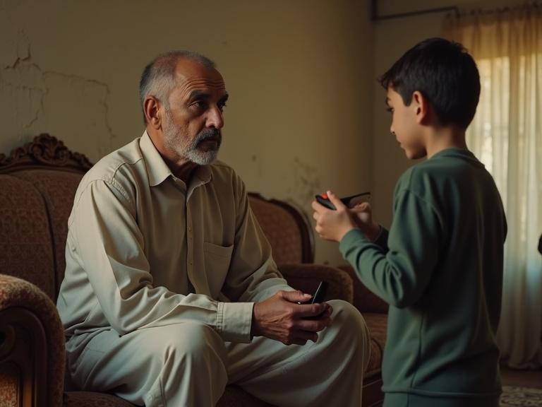 A modest living room with cracked walls. An exhausted father in his forties sits on an old sofa. He is simply dressed. A young boy named Yasser stands before him. Yasser talks enthusiastically about buying school books. The camera focuses on the father's hand hesitating to take 500 dirhams from his wallet. Yasser's eyes show hidden mischief.