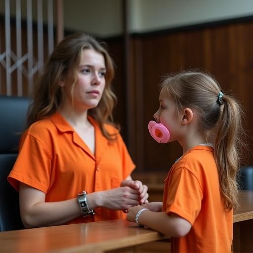 A young girl plays at a courtroom with her mother. The mother wears an orange jumpsuit. The scene depicts a role-play with the girl pretending to be a judge. The mother shows emotions of guilt. The girl has oversized pacifiers. The setting is a courtroom atmosphere with a focus on their engagement.