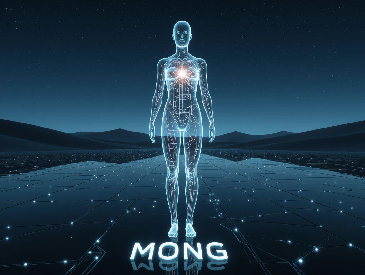 A scene of a futuristic androgynous figure stands in a vast obsidian desert at midnight. The desert surface is black and glassy. The figure is transparent with glass-like texture. Internal layers contain nano-circuitry and glowing elements. The form is symmetrical and elegant with mechanical wings. The face is abstract with illuminated eyes. A metallic halo floats above. The environment is silent and cold under a starlit sky. Captured in ultra-photorealistic detail with real-world physics.