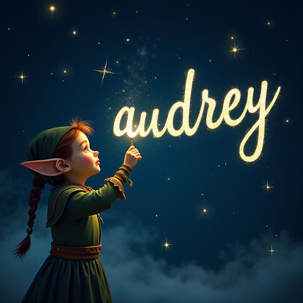 An elf uses a magical wand to write the name in sparkling text. A dark starry sky serves as the background. The name has a glowing effect. The scene is magical and whimsical suggesting a fantasy world.