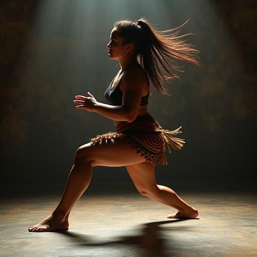 A dynamic kapahaka Māori Latina dancer performs a contemporary Māori dance. She has an athletic outfit. Her focus conveys power and movement. The background is abstract and dim. Lighting highlights her form in a vibrant composition.