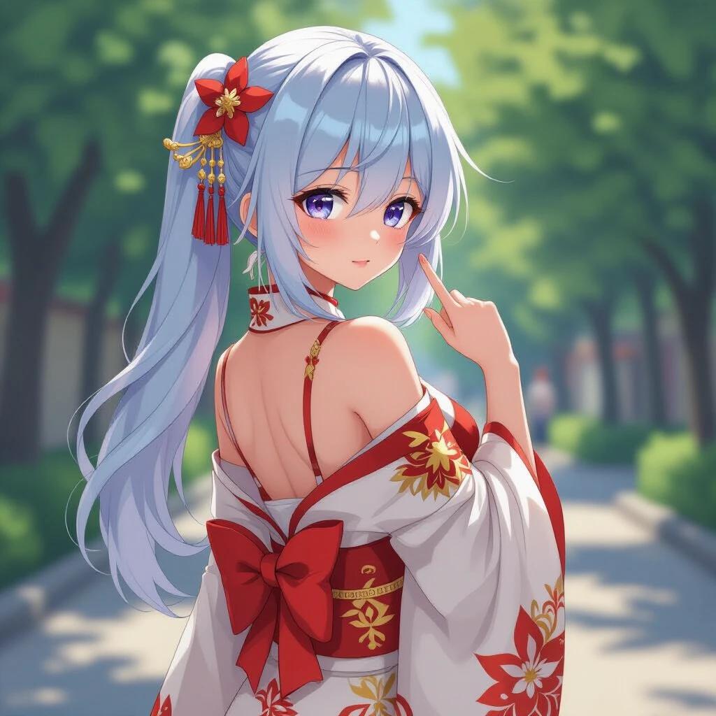 A character inspired by Yae Miko from Genshin Impact stands elegantly. The character turns partially back towards the camera with a playful gesture. The backdrop consists of lush greenery while wearing a traditional kimono with floral patterns. The image captures a low angle perspective from behind, accentuating the soft flow of hair and detailed clothing.