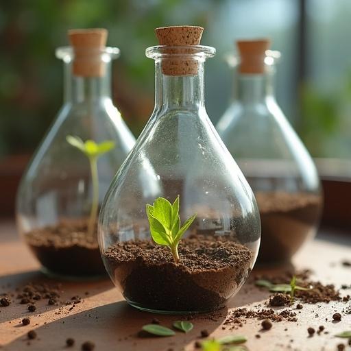 Glass flasks containing soil and seedlings displayed on a table. Each flask is separate with a cork stopper. The seedlings are young plants growing in rich soil. Natural light illuminates the scene from the background.
