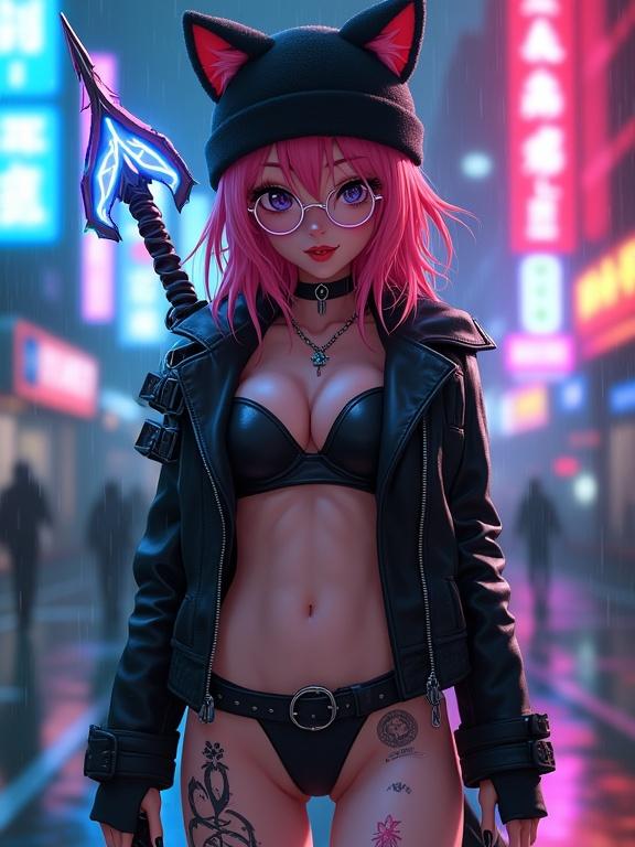 Female warrior character in cyberpunk style. Pink hair with tips dyed red. Black winter hat with cat ears. Skin-tight leather jacket, bikini mix, leather cyberpunk shorts, long hair passing shoulders. Neon glowing city background with rain. Flirty expression, sticking tongue out while winking. Cybernetic tattoos on leg. Glaive with blue and purple lightning. Full body view with focus on realism and style.