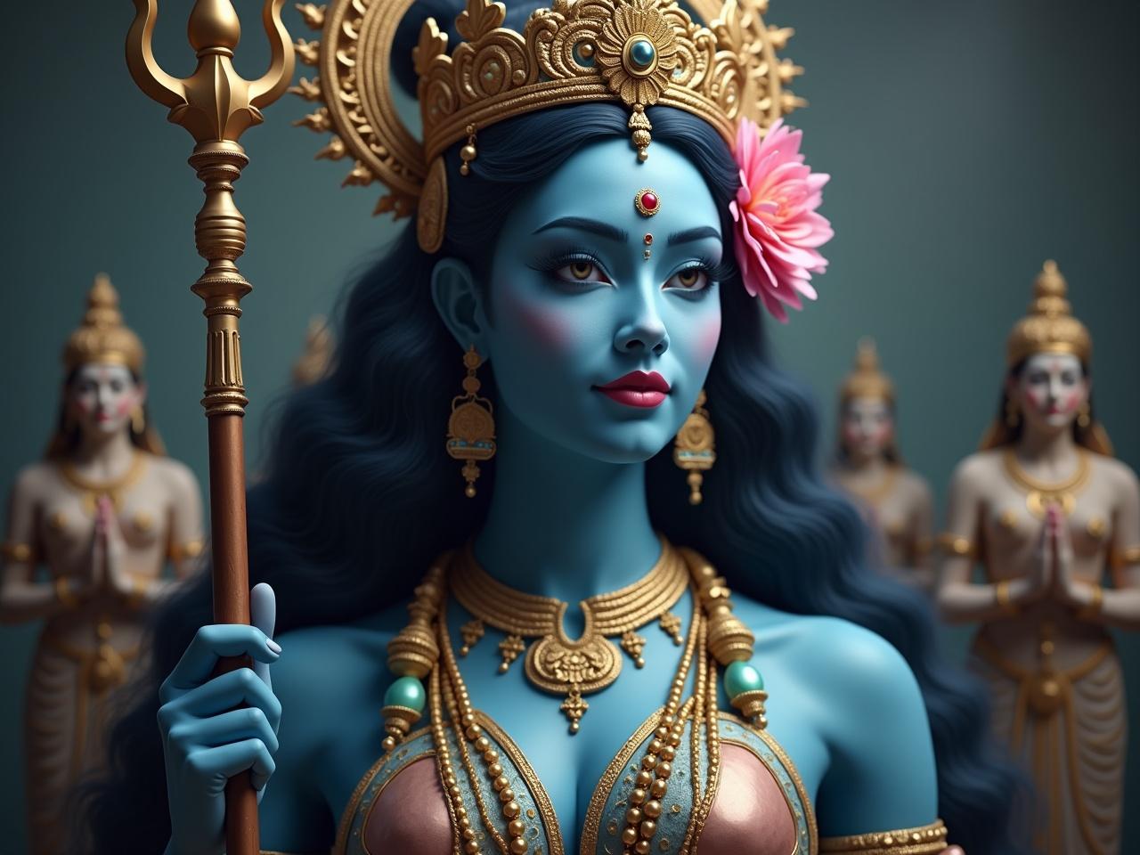 The image depicts a beautifully adorned figure, embodying a divine being. The figure has blue skin and intricate detailing on the face. They wear an ornate headdress and jewelry, adding to the regal appearance. A flower is placed in the hair, enriching the visual appeal. In their hand, they hold a traditional staff, signifying authority. The background features subtle figures that hint at a grand setting. The lighting creates a mystical atmosphere, enhancing the overall effect of the image. This portrayal celebrates rich cultural aesthetics and spirituality.