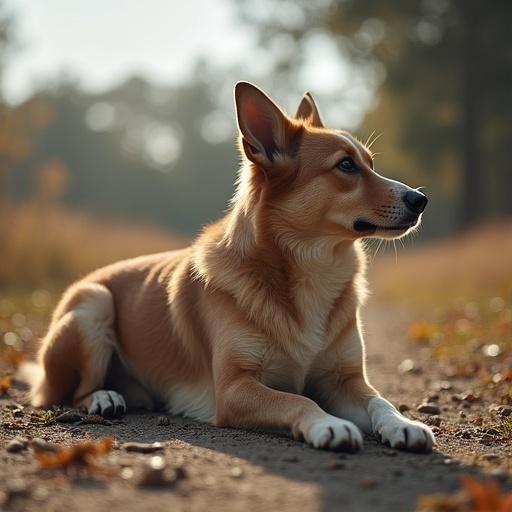 A dog resting alone on a dirt path surrounded by nature. Fur is golden and ears are upright. Soft sunlight creates a warm atmosphere.