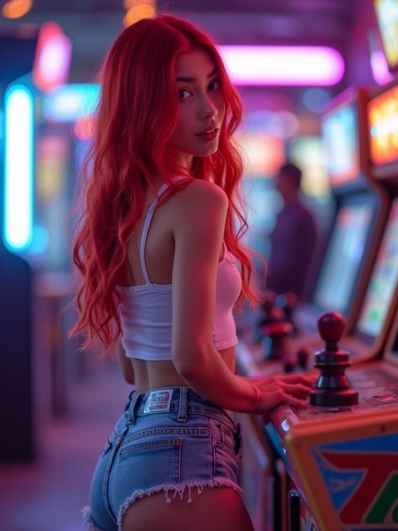 A youthful woman enjoying an arcade game wearing a crop top and booty shorts in a bustling arcade with vivid neon effects playing a game