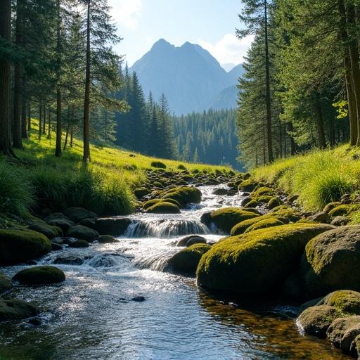 Clear streams flowing over moss-covered boulders creating small waterfalls. Green grass and dense trees line both banks. Sunlight filters through branches casting dappled spots on the ground. Distant peaks feature forests and weathered rocks with moss.