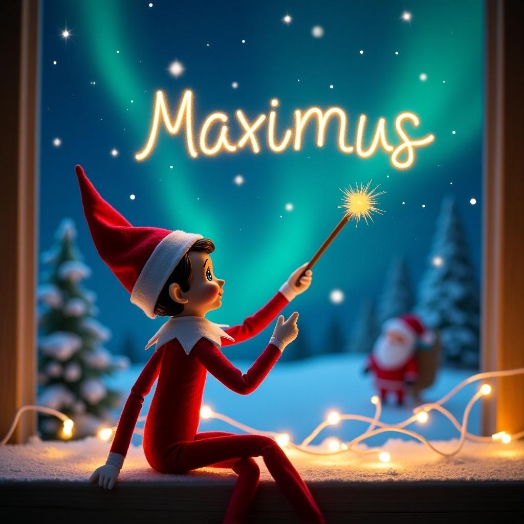 An elf sitting on a windowsill faces the night sky. The elf uses a wand to write in the air. Magical Northern Lights illuminate the scene. Santa is visible in the background. The names 'Miley' and 'Callie' appear elegantly in the sky.