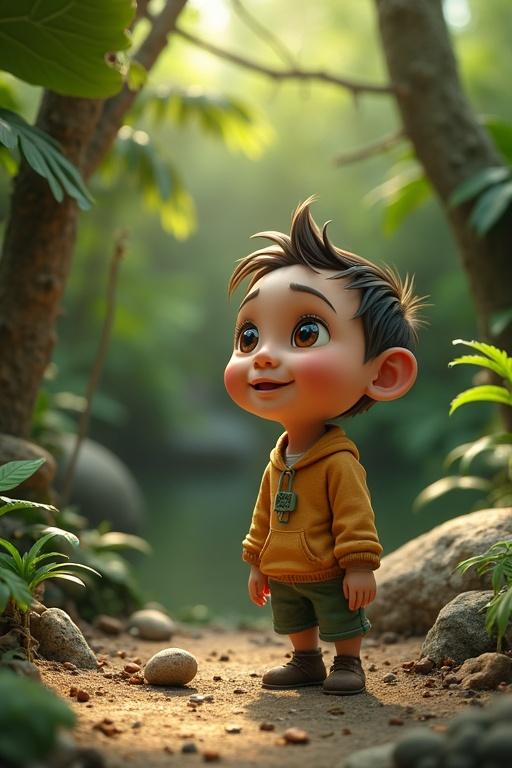 A vertical portrait style scene with a 3D animated child in a lush, green setting. The child has expressive eyes and a charming smile. Surroundings include vibrant plants and natural elements that evoke a sense of wonder.