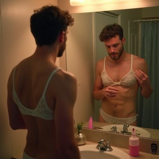 In a small bathroom with peach light, a person in white lace lingerie observes his reflection in a fogged mirror. He gently touches the fabric over his chest, revealing breast tissue. One stocking slips down his thigh. The air is damp. A pink toothbrush rests beside a toner bottle. The focus is on his fingers, not the reflection, capturing a moment of curiosity rather than vanity.