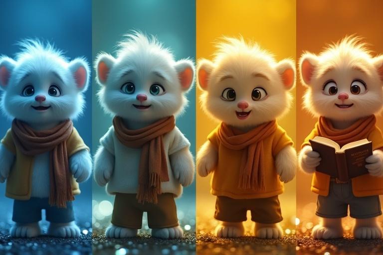 A 4K ultra-HD 3D montage divided into four quadrants. Each quadrant features Tuku expressing different emotions. One quadrant shows Tuku crying; tears glisten on white fur. The second shows Tuku smiling brightly. The third captures Tuku looking inspired with wide eyes. The fourth depicts Tuku reading attentively. Each quadrant is illuminated with bright emotional colors—blues for sadness, yellows for joy, and golds for inspiration. Tuku wears human-like clothing such as a scarf, shirt, and pants while standing on two legs. The scene embodies ultra-realism and soft bokeh effects.