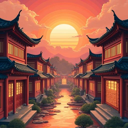 A picturesque scene featuring traditional Chinese architecture along a riverbank during sunset. The sky is filled with vibrant colors and the sun is setting in the background. Small trees and lush plants are visible near the buildings.