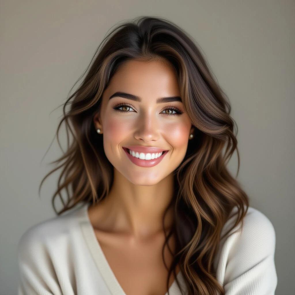 Woman with warm smile and natural beauty appears in a soft lit environment. Casual outfit reflects a confident and approachable character. Hair is styled beautifully, showcasing elegance and charm.