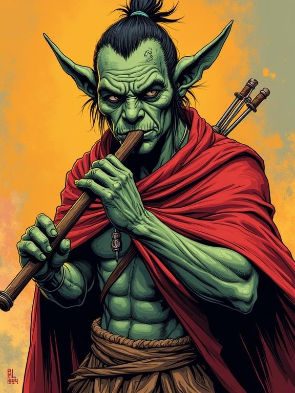 A goblin character holding a flute with prominent scars. Combination of manga and comic illustration style. High contrast and detailed features. Superhero stance and bold outlines. Dramatic lighting enhances facial features and fabric textures.