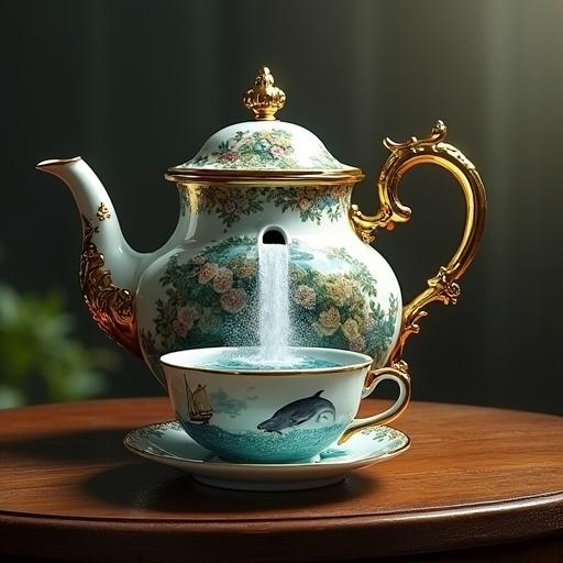 Professional photograph of an ornate teapot on a dark wood table. Waterfall pours from the spout into a teacup featuring a tiny sailboat and a dolphin.