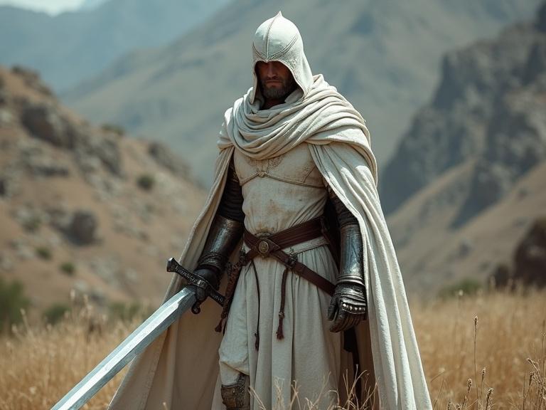 A warrior in white armor stands in a dry landscape. The warrior holds a sacred sword. Ancient mountains in the background. The warrior wears a hooded cloak and has a determined expression.