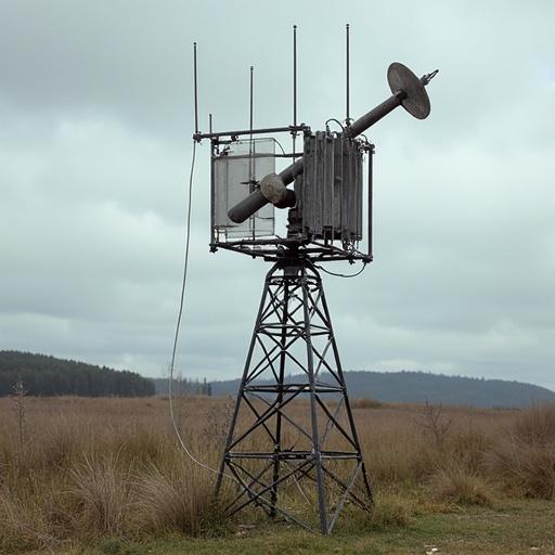 A pillory designed to resemble a ham radio antenna. The structure is metallic with an industrial look. Positioned in a rural field with a cloudy sky in the background.