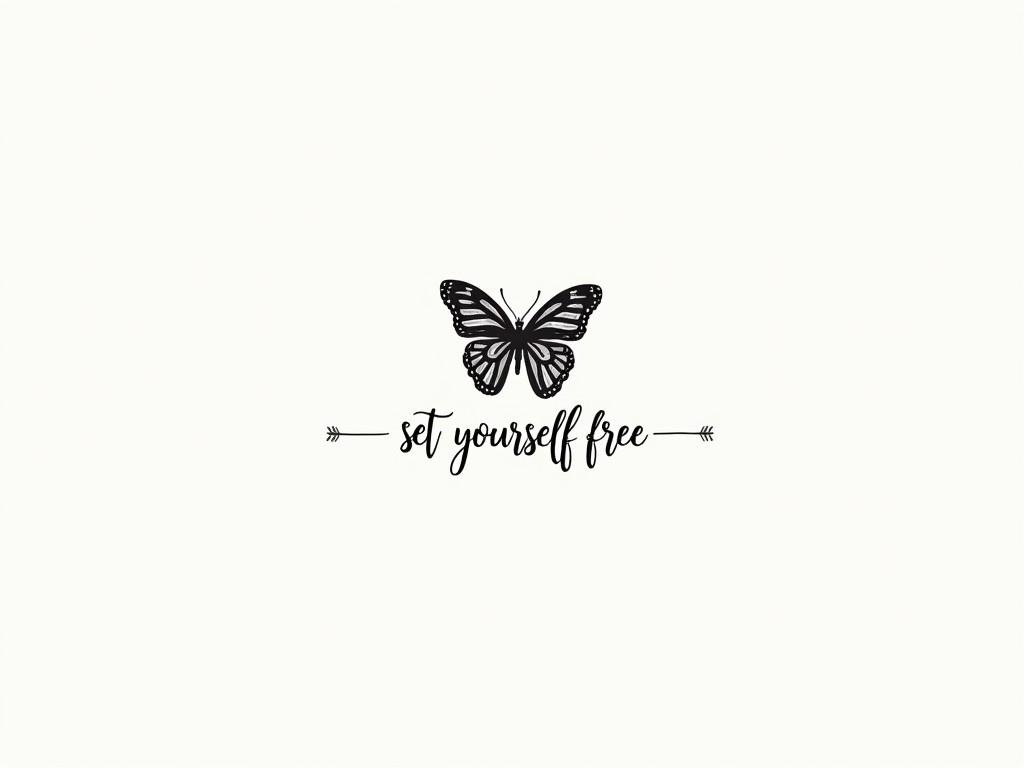 Picture of a butterfly centered on a plain background. The butterfly is elegantly designed with intricate patterns on its wings. Below the butterfly, in a simple and stylish font, the text reads "set yourself free." The overall color scheme is minimalistic, focusing on black and white tones. The design conveys a sense of calm and inspiration.