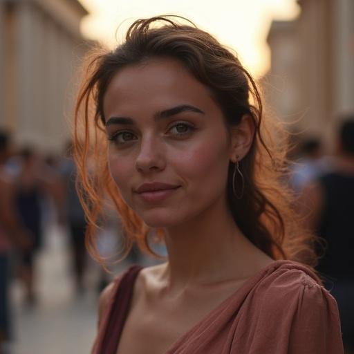Close-up of a young European woman on a busy street in an ancient Greek city during the evening
