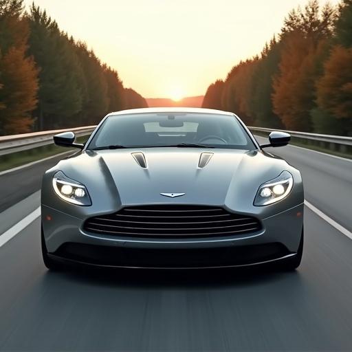 Aston Martin car driving down the highway during sunset.