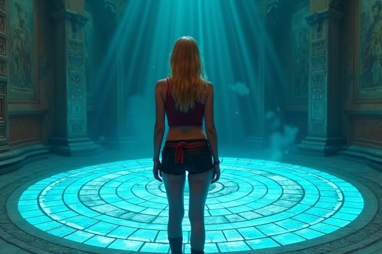 Wide shot of a large circular chamber showcasing intricate glowing blue puzzle floor. Ancient murals and carved pillars surround the space. Dust motes suspended in ambient light. A girl stands at the edge, bathed in soft glow. Cool tones reflected on her skin and attire. She has golden hair, glowing skin, and a curvaceous figure. Outfit includes a dark red crop top and glossy black cutoff shorts. Cinematic effects enhance the atmosphere, revealing subtle detail in murals and soft glows on the puzzle tiles.