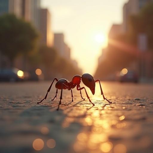 3D render depicting ant's perspective in an urban setting. Close-up of an ant on a city street during sunset, with buildings in background. Emphasis on realism, colors, and ambience.