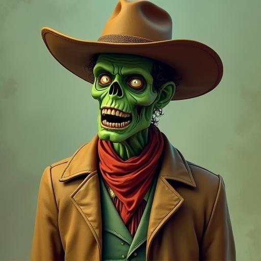 Zombie character wearing a brown jacket and cowboy hat. Green skin. Cartoon style. Cowboy outfit.