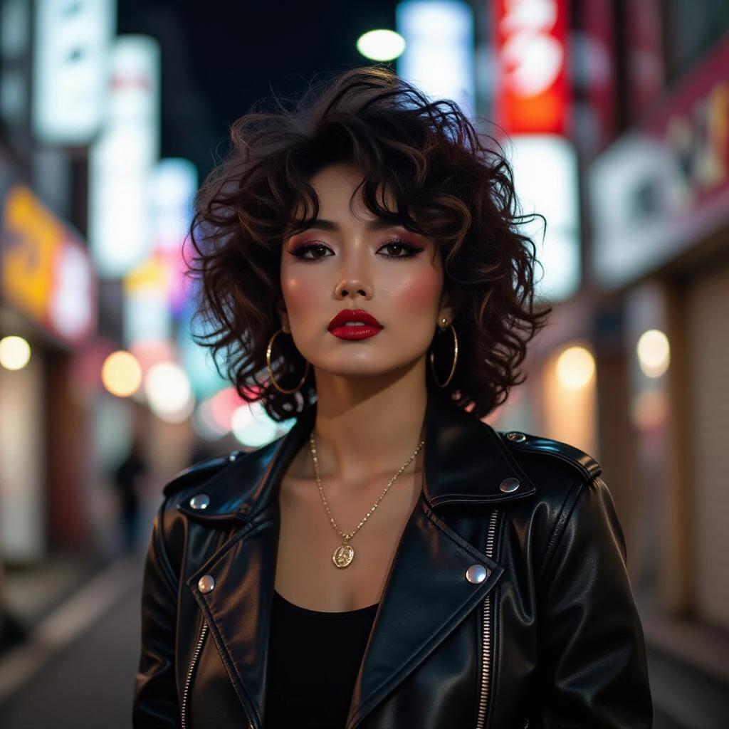 Japanese-American rock singer in 1980s Tokyo. Glamorous stage look with bold makeup. Curly perm hair and leather jacket. Confident pose in urban street at night. Cinematic lighting with vibrant atmosphere.