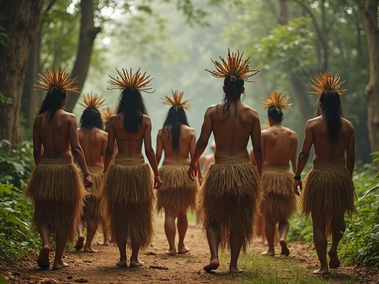 Group of nine Maya ritual dancers in pre-Hispanic clothing made from natural fabrics. Unisex skirts and fiber belts worn. Men are shirtless while women wear simple tops. All dancers wear headdresses made of dried leaves. Set in a mystical forest with soft light creating a sacred atmosphere.