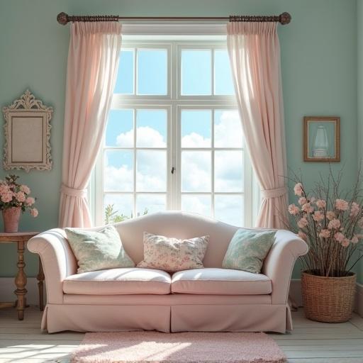 Light pink and light blue living room. Cream colored furniture. Shabby Chic Cottage style. Window with view of blue sky and white clouds. No dark shadows.