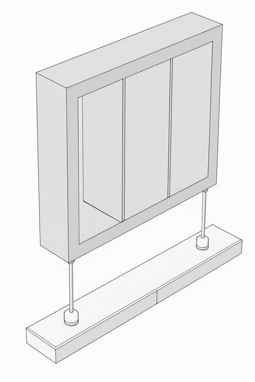 Design graphic of a mechanical louver system with knobs and sliding bar actuator. The frame is a 10 cm by 10 cm with a 0.5 cm border holding 4 vertical louvers. Each louver is 1 cm wide, 9 cm tall, and 0.2 cm thick. Knobs are at the bottom of each louver for accessibility. A sliding bar under the louvers spans 9 cm and allows movement to open or close the louvers. The mechanism is manual and shows how the louvers rotate from closed to open position.