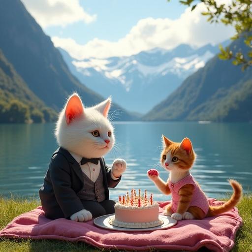 A fat white cat in a suit and a thin calico cat in a pink dress sit on a picnic blanket. They enjoy birthday cake at a lake with a mountain backdrop. A scenic view similar to Milford Sound in New Zealand is visible.