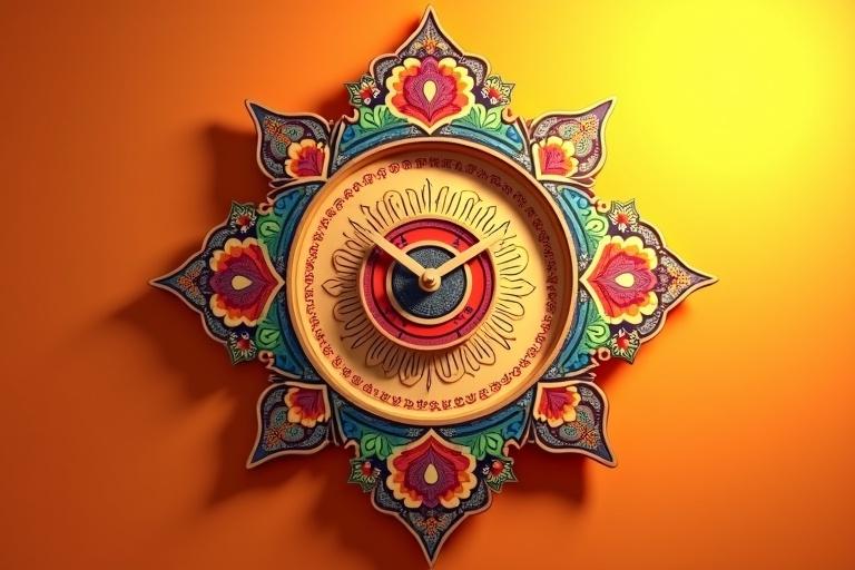 A vibrant 3D render of a handcrafted wooden wall clock with Rajasthani peacock motifs. The clock is set against a saffron-and-terracotta gradient background. The clock face has subtle mandala patterns and soft shadows create depth. A warm golden glow enhances the elegant style. The artistic style is semi-realistic and clean.