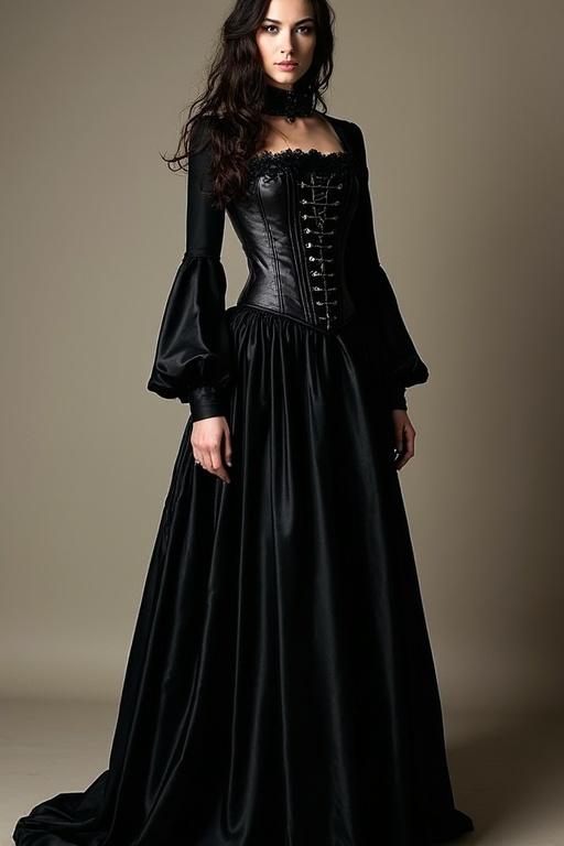 Design ideas for a witch dress inspired by medieval styles with long sleeves, corset bodice, and a voluminous skirt.