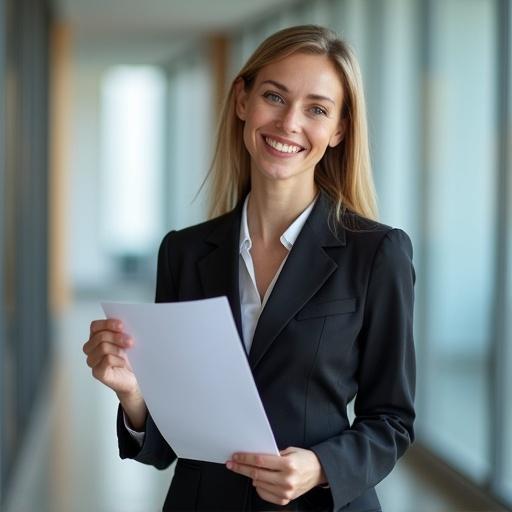A professionally dressed woman smiles confidently while holding papers in one hand, suggesting presentation or meeting. The background is softly blurred, indicating a formal business environment.