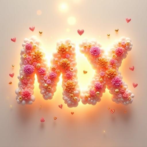 3D render of 'MX Media' in continuous font. Soft ivory background. Letters made of glowing clouds and colorful flowers. Faintly sparkly texture. Pink, gold, and pale pink hearts float around. Subtle volumetric lighting. Circular halo of golden light.