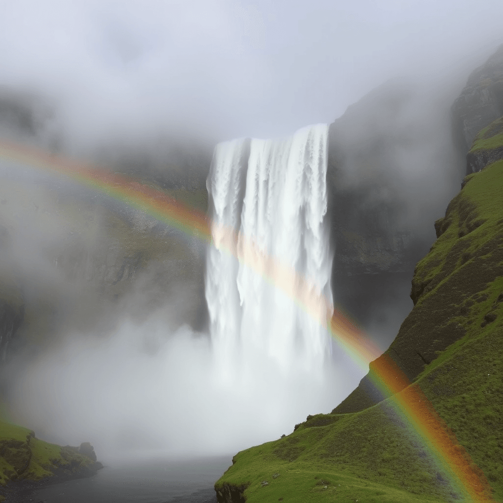 A majestic waterfall cascades down a steep cliff, engulfed in mist and framed by a vibrant rainbow, with lush green hills on either side.