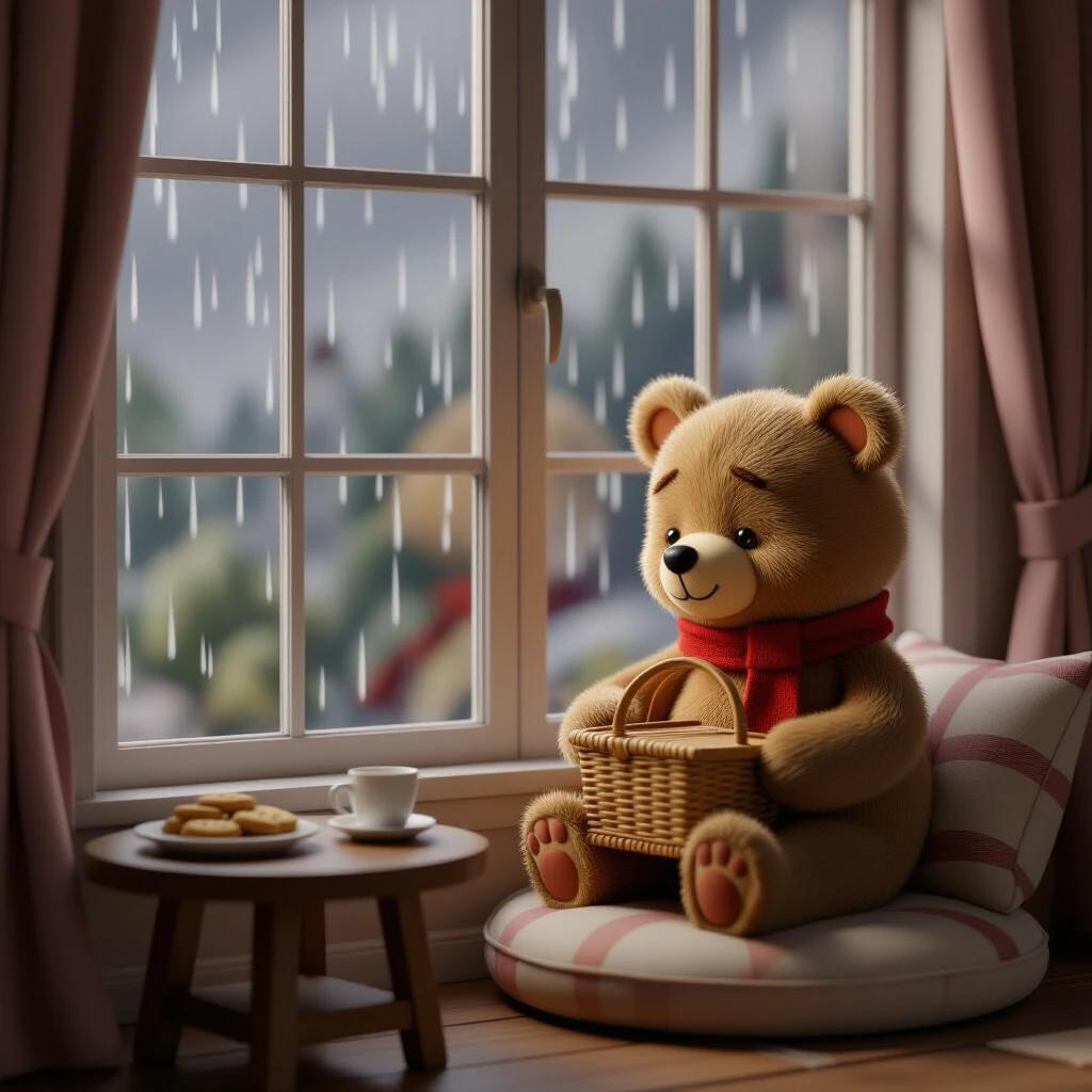 Charming 3D animated setting in a cozy room. Large front-facing window with raindrops. Dim cloudy lighting. Button the Bear sitting on a round pillow near the window. Holding a picnic basket. Soft brown fur with round ears and a red scarf. Shoulders slightly slouched. Eyes fixed on the rain with a sad expression. Small wooden table with cookies and two empty cups.