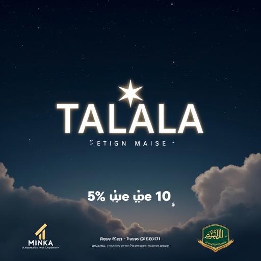 Minimalist futuristic real estate poster. Dreamy starry night sky with soft clouds. Dark blue and grey palette. 'TALALA' in bold white font. Bright 8-pointed star above second 'L'. Logos for MINKA and Arabic branding. Bold Arabic promotional text: 5% مقدم وتقسيط على 10 سنين. Clean and professional layout.