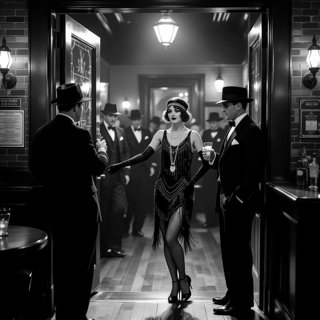 Scene in a 1920s speakeasy. Cops at the door pretending to inspect. Cops stay for drinks and dance. Flapper wearing a glamorous outfit. Ultra realistic portrayal of the setting and characters.