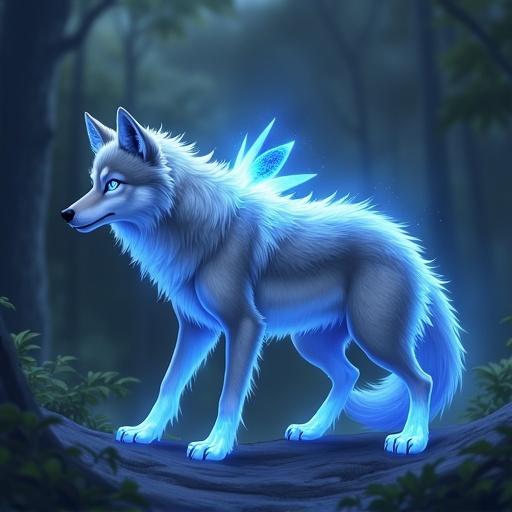A grey wolf-like firefly-like fantasy hybrid with a blue glowing firefly abdomen instead of tail. Anime style, high-quality, highly-detailed.