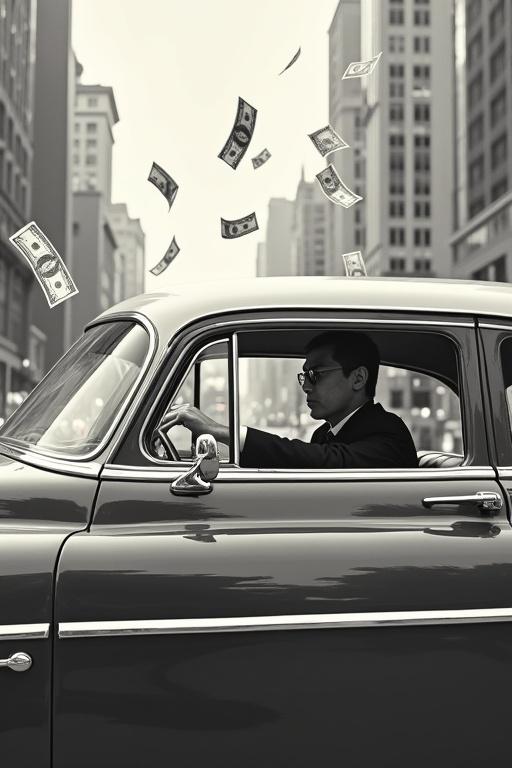 A man in 1950s business attire driving a classic sedan. Dollar bills flying out the window. Cityscape background. Limited CMYK color palette with black, white, and grey tones.