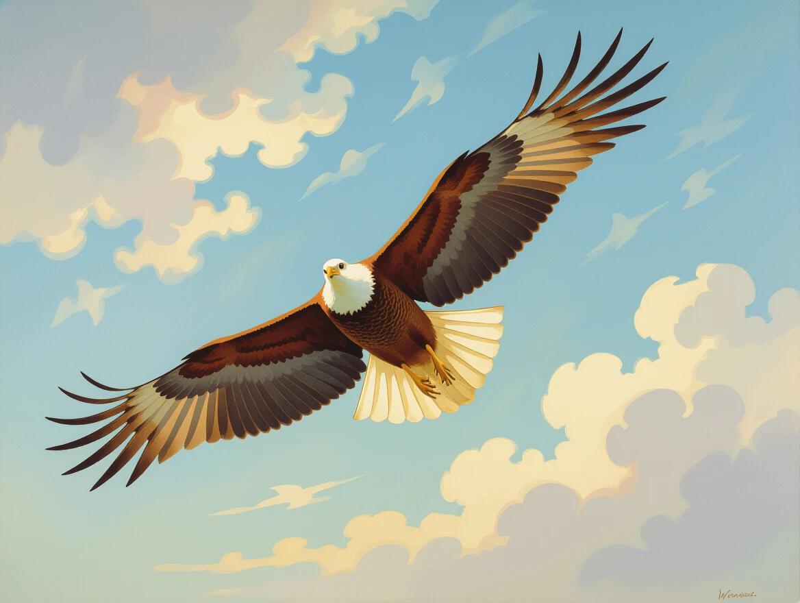 Oil painting of an eagle soaring in a blue sky. The eagle has a white head with brown feathers. Fluffy clouds are scattered in the background.