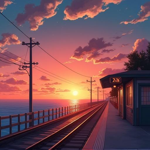 Sunset at a seaside train station. Calm sea in the background. Warm light illuminating the scene. Nostalgic feeling captured in anime style. Cinematic view with train tracks leading off into the distance.