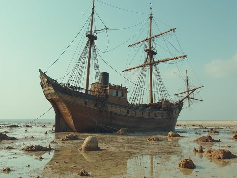 Old ship lies in a dry sea. Surrounding area has dead fish and marine animals. Ship has wooden structure with tall masts. Beach landscape is sunny with blue sky.