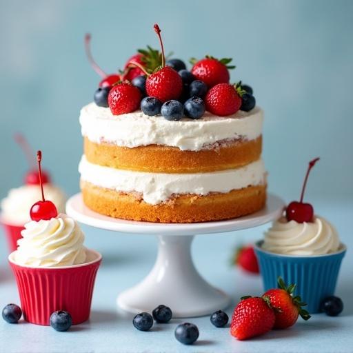 Multi-layer cake with white frosting topped with strawberries, blueberries, cherries on a cake stand. Dessert cups with vanilla ice cream, whipped cream, cherries surround the cake.